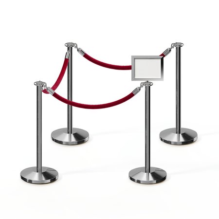 MONTOUR LINE Stanchion Post & Rope Kit Pol.Steel, 4FlatTop 3Maroon Rope 8.5x11H Sign C-Kit-3-PS-FL-1-Tapped-1-8511-H-3-PVR-MN-PS